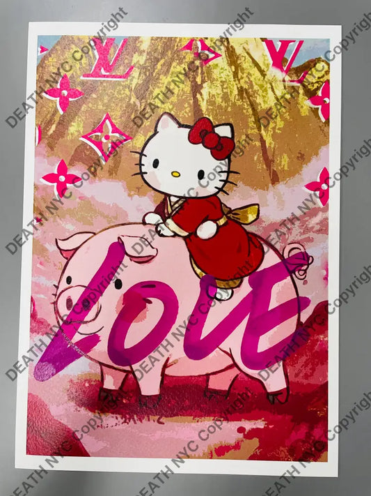 Auction Edition of ONE Original artwork 30x21cm kitty on pig Art Print
